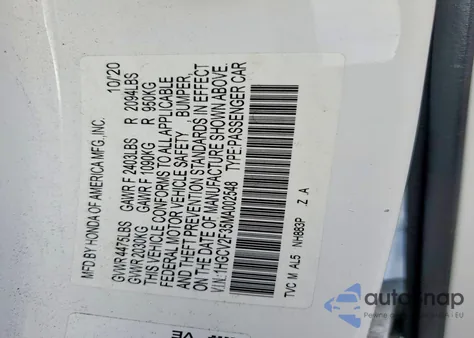 2021 Honda Accord Sport из США, поврежденный, VIN 1HGCV2F35MA002548